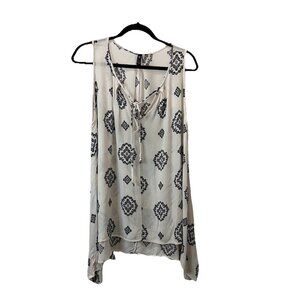Vision USA White Black Paisley Tie Tassel Neck Shark Hem Sleeveless Top Womens S